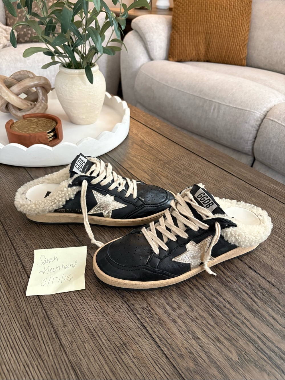 Golden Goose Black Leather Star-Accent Shearling-Trim Slip-On Sneakers
